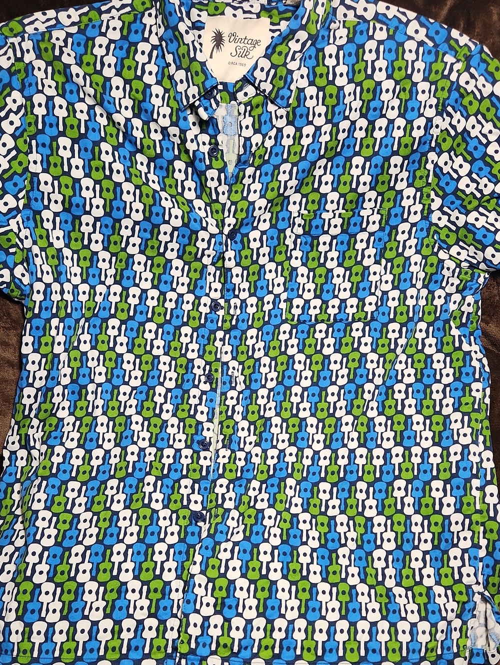 Vintage Silk Mens Button-Down Shirt in Blue, Green & White Guitar Print Size XL